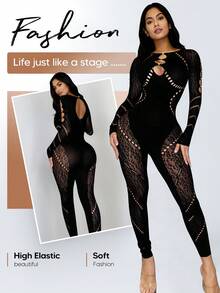 Women's Black Leopard Print Mesh Jumpsuit - Black - View 2