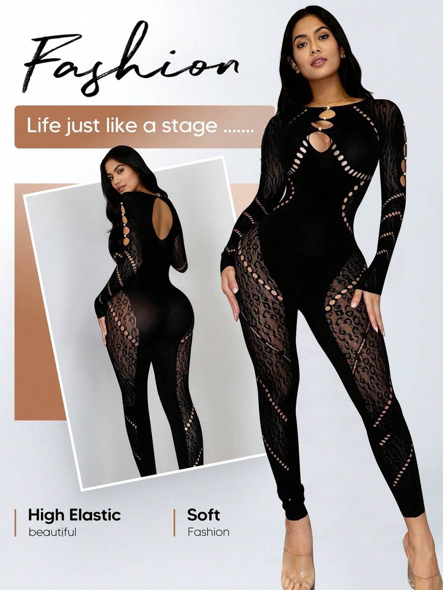 Women's Black Leopard Print Mesh Jumpsuit