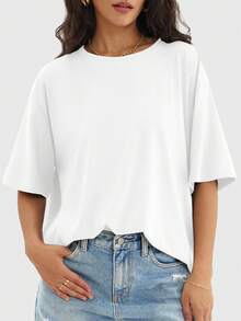 Speed mate Women's Loose Crew Neck Short Sleeve T-Shirt, Casual Shirt, Y2K 2024 Basic Tee, Summer - White - View 4