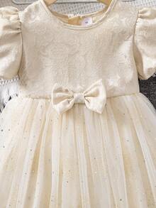 女童夏季时尚高端提花面料亮片网纱连衣裙，圆领泡泡袖甜美可爱公主裙 - 杏色 - 查看 6