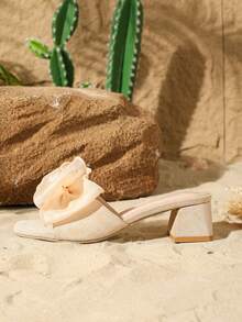 Bowknot Elegant Low Heel Slide Sandals, Chunky Heel Square Toe Fashion Slippers For Women, Summer - Apricot - View 6