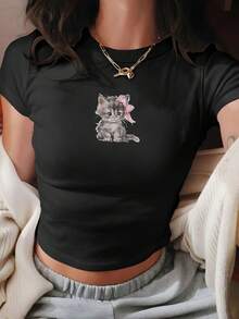 1pc Women'S Cute Cat Print Crop Top T-Shirt - Light Blue Short Sleeve Tee With Pink Bow Detail, Casual Y2K Style, Perfect For Casual Attir Valentine's Day Shirts - 黑色 - 查看 7