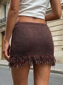 Women Y2k Fringe Knit Mini Skirts Boho Bodycon Low Waist Going Out Crochet Tassel Short Skirt - Màu nâu Sô-cô-la - Xem 2