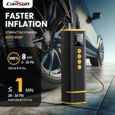  Carsun 迷你轮胎充气泵便携式空气压缩机轮胎充气泵，150 PSI，4 档精确轮胎压力预设，自动关机功能，带 LED 灯，带底部储物盒（一个保险丝，三个喷嘴适配器），汽车配件 - 适用于汽车、摩托车、足球等。