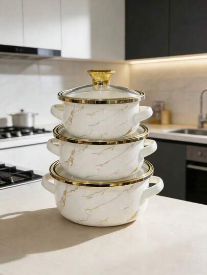 3pcs 12-16cm Thick Gold-Rimmed Enamel Mini Double-Ear Ramen Bowl/Pot/Casserole, Suitable For Gas Stove/Induction Cooker, Fit For Baby, Adult, Child, Can Be Used As Food Pot, Soup Pot, Seafood Pot, Ramen Pot, Great Helper For Valentine's Day, Ramadan, Eid Al-Fitr, Back To School, Easter Cooking