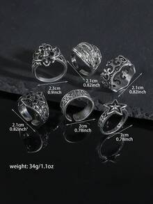 Set de 6 anillos geométricos lisos de acero inoxidable con diseños de estrella y calavera, al estilo clásico europeo y americano, adecuados para uso diario de hombres, fiestas y regalos de vacaciones - color acero - Ver 4