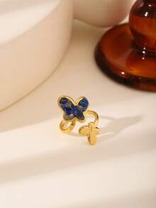 Lapis Lazuli Chip Open Ring For Women - Crescent/Rectangle/Butterfly/Teardrop Shaped Open Jewelry, Suitable For Retro Luxury, Daily/Casual Wear - Gold - View 9