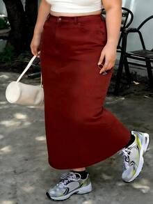 Angola Red Denim Midi Skirt | High-Waisted Straight Split Hem | 2026 Autumn/Winter Color | Hip-Hiding & Slim-Fit | Versatile For Work & Daily |Skirts For Women|Faldas De Mujer|Faldas - Đỏ - Xem 4