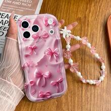 1pc Pink Bow Print Funny Pattern Shockproof Phone Case With Rose Wrist Strap, Suitable For Self-Use, Couple/Valentine's Day, Spring Gifts, Compatible With IPhone 11/12/13/14/15/16/16 Pro/16 Pro Max