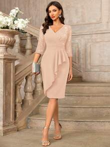 MIUSOL Classic V-Neck Sequin Floral Lace Contrast Ruffle Hem 3/4 Sleeve Bodycon Cocktail Dress Wedding Spring Party - Champagne - View 8