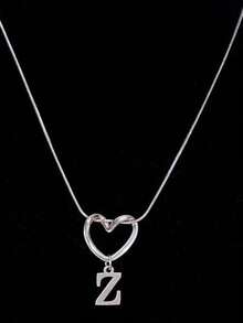 1pc INS Style 304 Stainless Steel Hollow Heart Pendant Necklace With 26 Alphabet Letters, Women's Birthday/Valentine's Day Gift For Lover - Silver - View 5