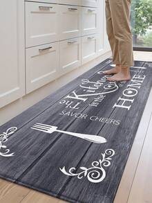 DAJIANG 1 tấm thảm trải sàn nhà bếp kiểu cổ điển, nền vân gỗ màu xám đậm với họa tiết dụng cụ nhà bếp màu trắng và khẩu hiệu tiếng Anh, thảm dài dùng cho nhà bếp, phòng tắm, ngoài trời, trong nhà, hành lang, phòng ngủ, phòng khách, có thể giặt máy. - Nhiều màu - Xem 4