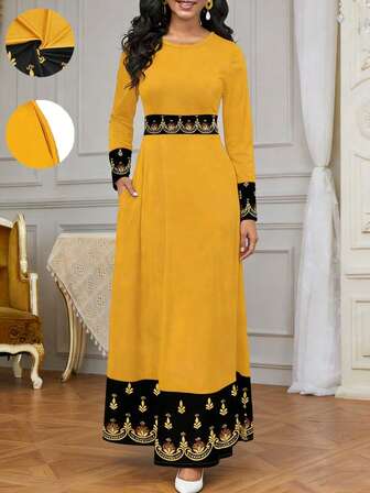 2026 Spring New Ramadan Middle Eastern Women Long Sleeve Dress: Casual Style Bright Yellow Contrast Gold Print Waist Design, Knit Round Neck, Suitable For Daily Commute, Elegant Light Gathering, Cruise Travel And Other Occasions