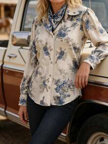 4-Season Floral Print Western Long Sleeve Shirt, Inspired By Blue & White Porcelain Flower Pattern, Button Front Collared Relaxed Fit Spring Vacation - Blue and White - View 8