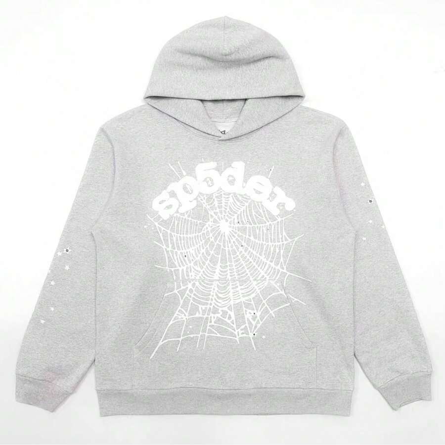 SP5DER Spider Worldwide Tracksuit Hoodie Cobweb Pattern Print Unisex Sweatshirt Men Women Graphic Outwear, Tracksuit Pullover Sweatshirt For Women Men Matching Hoodies For Couples - Grey/hoodie - 查看 1