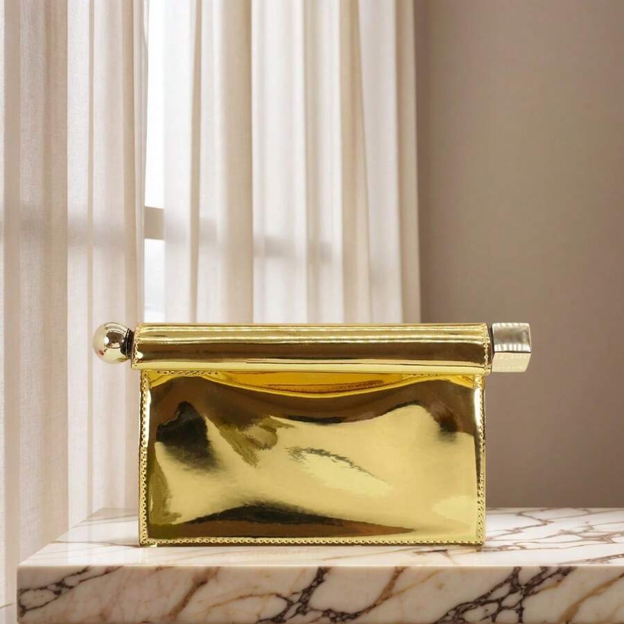 Women Fashion PU Leather Evening Bag Novelty Metal Decoration Clutch Purse Formal Banquet Party Handbag - 金1 - 查看 1