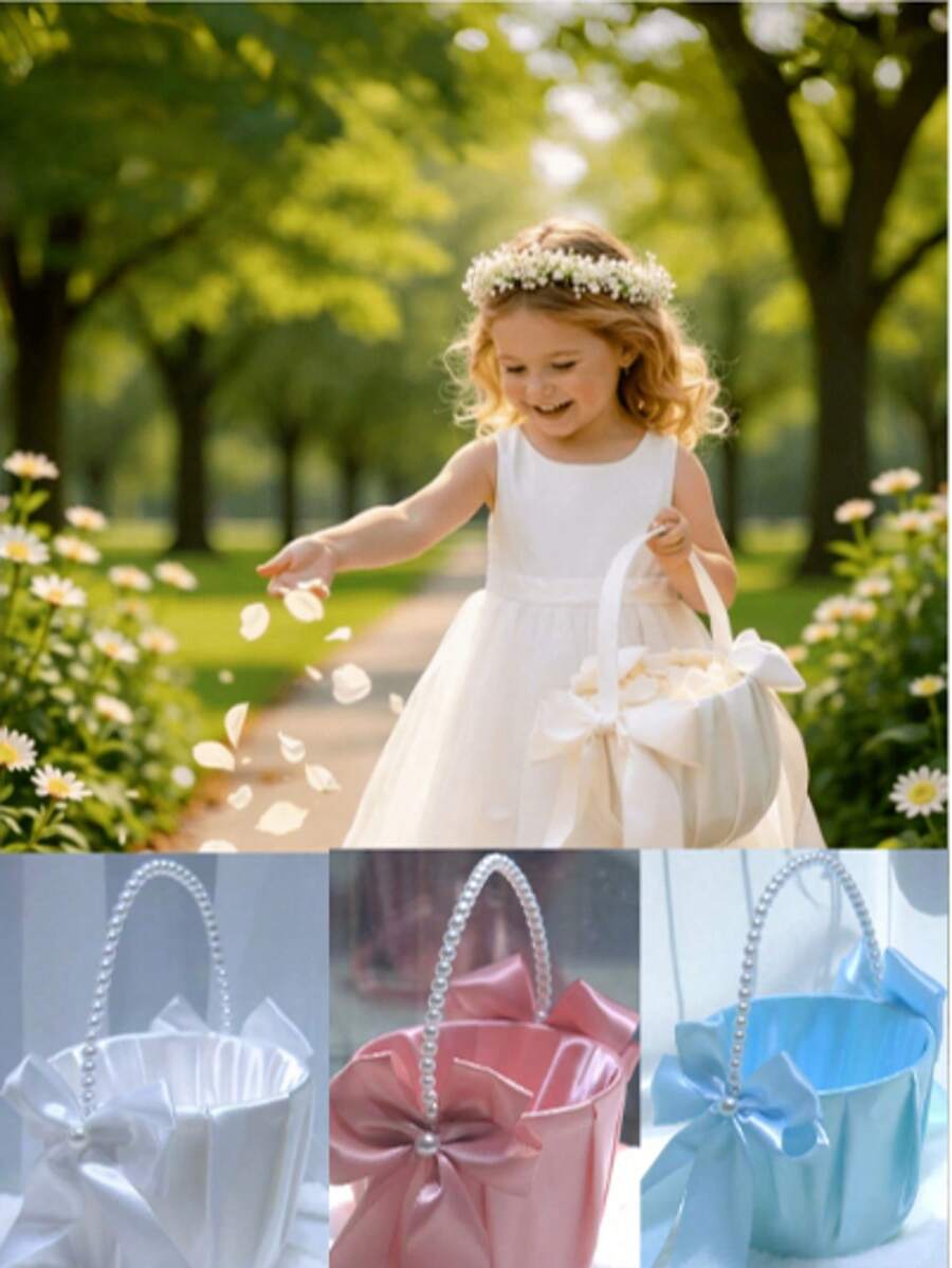 1pc Children Flower Girl Basket, For Baby Shower Party Decor, Wedding Flower Girl Basket, Nursery Decor, Kids Decorative Storage Basket, Suitable For All Seasons - Multicolor - View 1