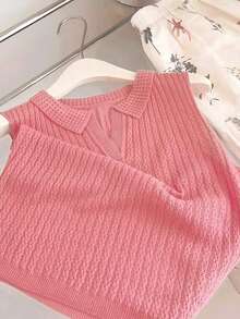 可爱针织镂空 Polo 领无袖背心 - 粉色 - 查看 5