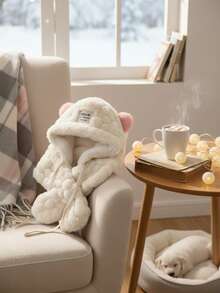 1pc Beige Plush Hat With Cute Bear Ears, Scarf Attached, Women's Warm Thick Winter Korean Style Everyday Riding Ear Protection Fuzzy Cap - Multicolor - View 7