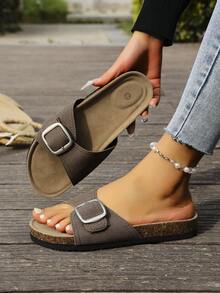 女士夏季鳄鱼纹双扣软木底穆勒凉鞋 - 时尚休闲日常度假凉鞋 - 棕色 - 查看 7