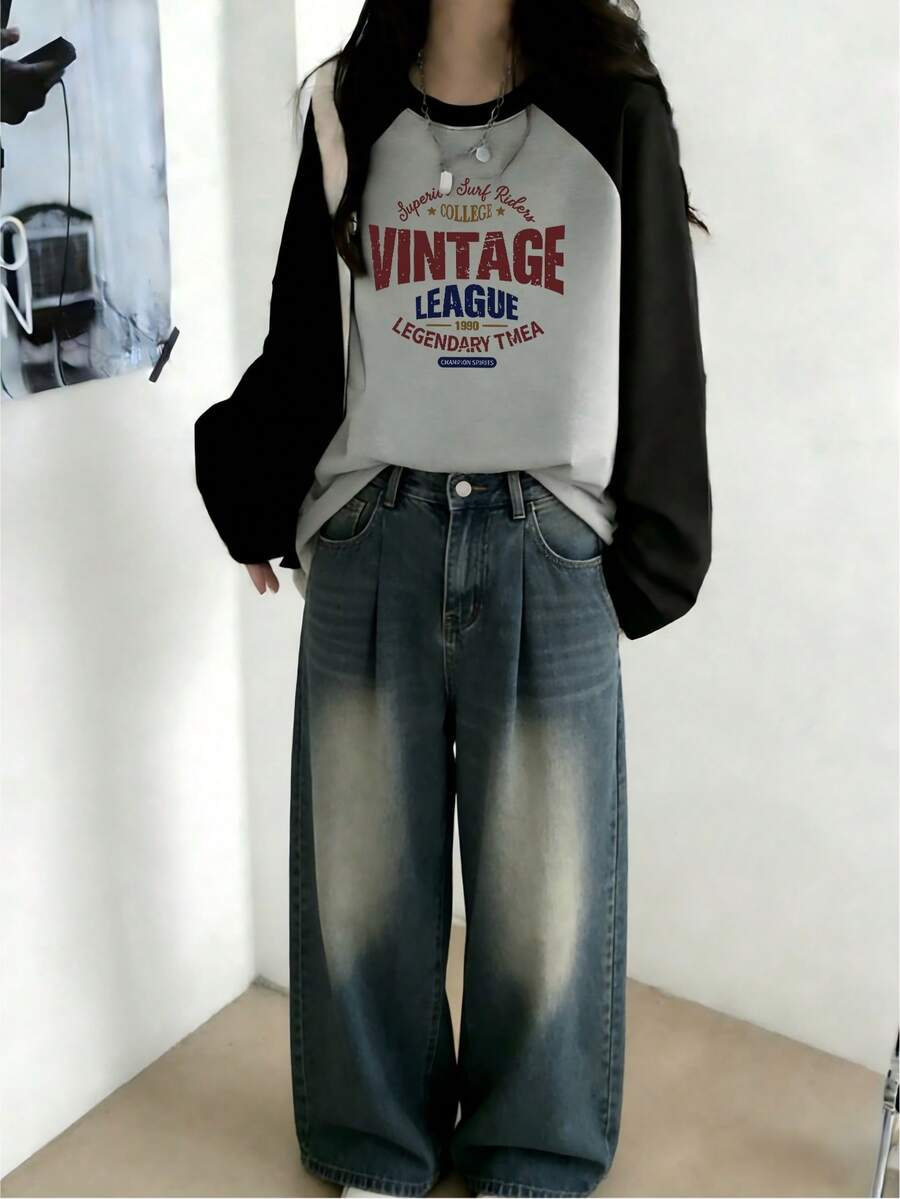 Women's Casual Versatile Pure Cotton Round Neck Japanese Print Pattern Loose Niche Patchwork Print Long Sleeve T-Shirt, Spring/Summer - Dark Gray - View 1