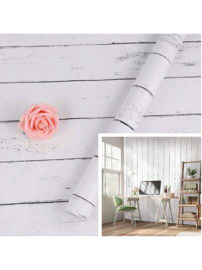 1 Roll Wood Grain Self-Adhesive Wallpaper White Wood Strip Vinyl Waterproof Peel-And-Stick Contact Paper Bedroom And Dormitory Wall Decoration Kitchen Cabinet And Countertop Furniture Renovation Cover Film DIY Easy Installation Removable Wallpaper 17.7inX393.7/196.8/118.1/39.3in