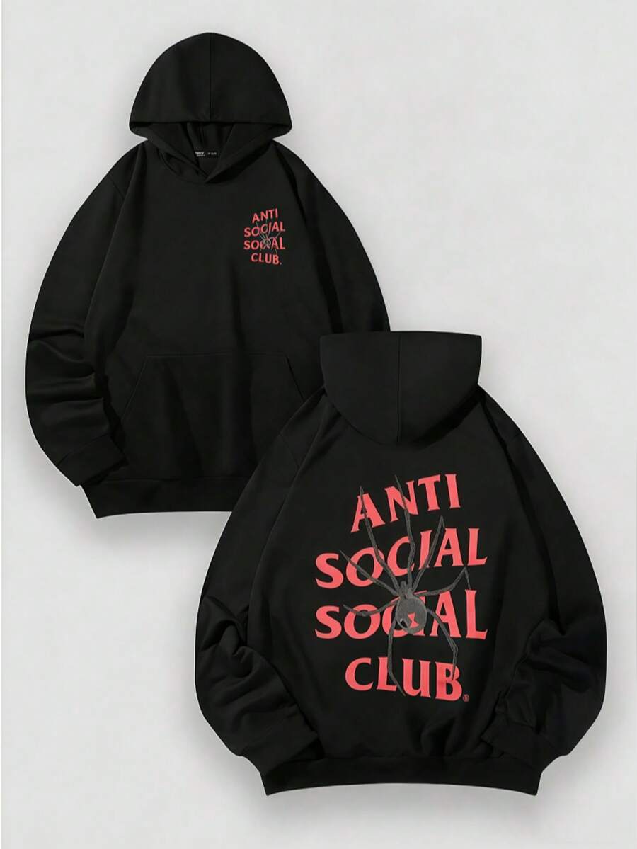 Double Sided Printed 'ANTI Social CLUB Spider Element Hoodie Red And Black Slogan Loose Street Hoodie' - màu đen - Xem 1