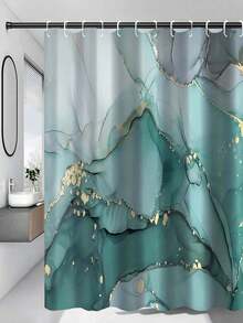 1/4 件套蓝绿色大理石纹浴室帘套装，防水浴帘配 12 个挂钩，U 型地垫，马桶盖套，L 型地垫，浴室配件，时尚浴室装饰 - 彩色 - 查看 16