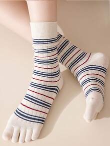 yuluan 1 Pair Women's Cotton Stripe Mid-Calf Socks, Breathable Moisture-Wicking Odor-Resistant Five Finger Socks, Elastic & Seamless, Multi-Color, Suitable For Spring, Summer, Autumn - Multicolor - View 13