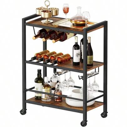 Bar Cart, 3-Tier Coffee Cart With Wheels, Kitchen Cart, Wine Cart With Wine Rack And Glass Holder, Rolling Serving Cart For Home, Living Room, Party, Bar, Rustic Brown And Black BF35TC01G1