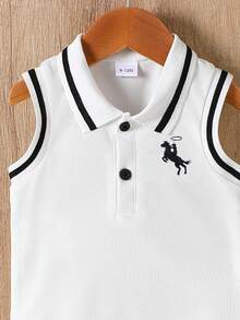 2pcs Toddler Boys' Gentleman Style Outfit, White Collar Sleeveless Top With Black Striped Decorative Shorts, Embroidered Pattern, Loose Fit, Comfortable, Summer - White - View 4