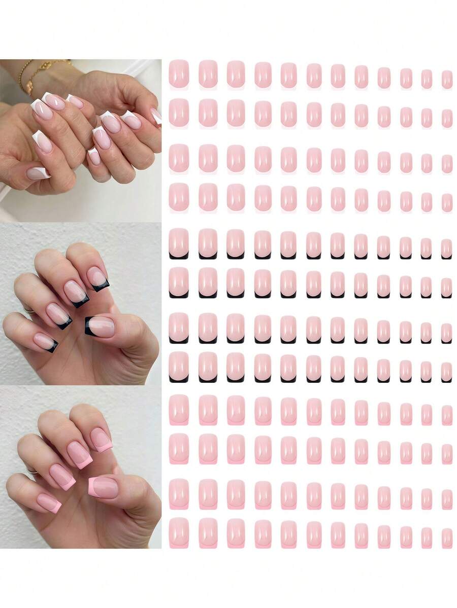 144 piezas de uñas postizas cuadradas cortas con puntas francesas de colores, reutilizables, adecuadas para mujeres para citas, ir al trabajo, cumpleaños, vacaciones y suministros de uñas - Multicolor - Ver 1