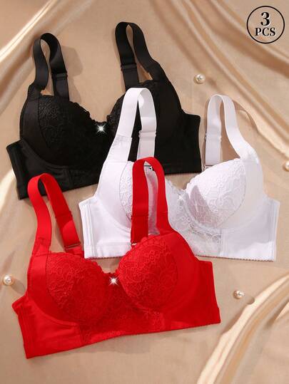 MIMILEMON 3pcs Women's Wide Straps Lace Underwire Bra - Bow Detail, Push Up, Side Support & Comfortable, Fashionable For Daily & Lingerie Collection