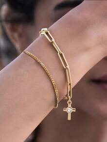 2pcs Layered Women's Bracelet, Zirconia Studded Cross Design Mixed Chain Style, Fashionable And Chic For Everyday Wear (Random Quantity Of Chain Rings) - Yellow Gold - View 4