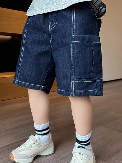 青少年男童超大款深海军蓝牛仔工装短裤，街头风