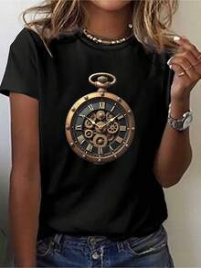 Steampunk Pocket Watch Design Print T-Shirt Short Sleeve Crew Neck Casual Top For Summer  Spring Women Clothing - Đen 1 - Xem 1