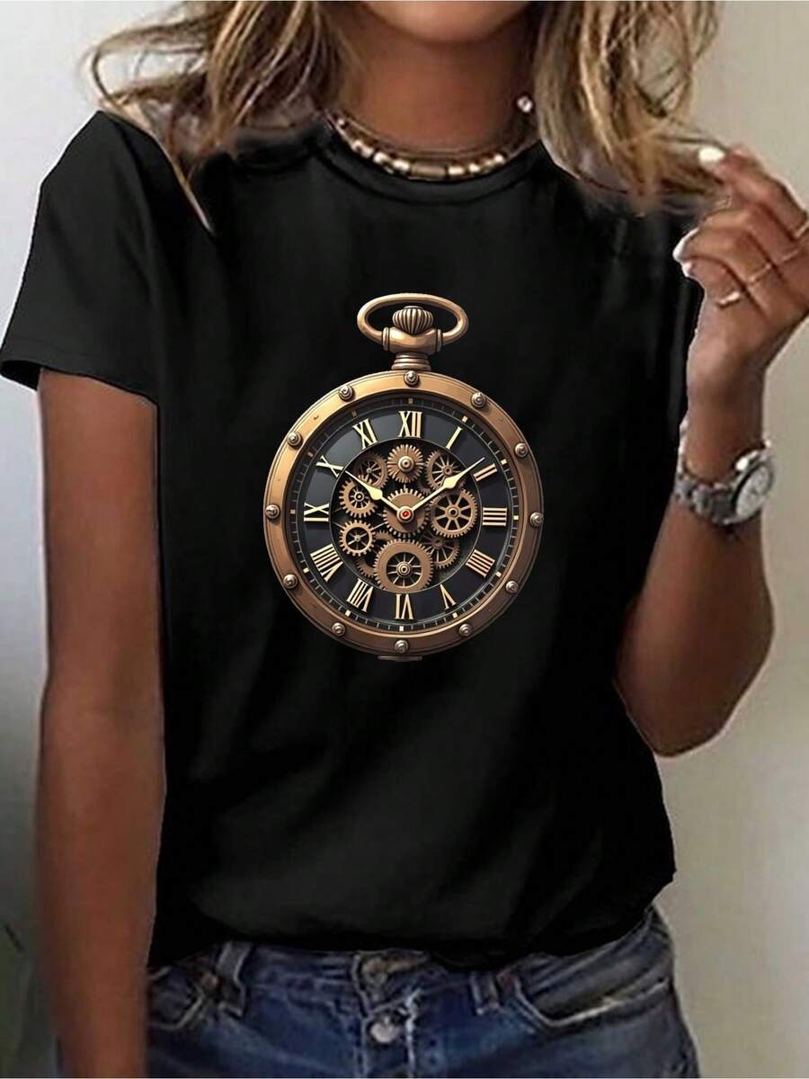 Steampunk Pocket Watch Design Print T-Shirt Short Sleeve Crew Neck Casual Top For Summer Spring Women Clothing - Đen 1 - Xem 1
