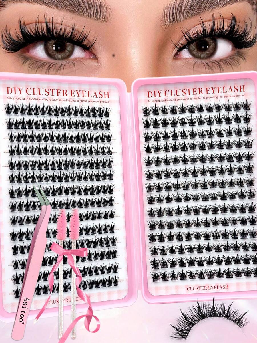 Asiteo 392片D型卷翘漫画风DIY假睫毛套装，包含单根假睫毛、刷子和镊子，尖刺漫画风格假睫毛，自然浓密，单簇假睫毛打造自然水润妆效，日韩风格妆容，轻盈飘逸的仿貂毛假睫毛。适合旅行、日常佩戴（适合新手）、婚礼、约会、派对、节日、开斋节等场合。 - 彩色 - 查看 1