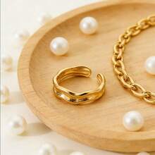 COINBUFF 1pc Minimalist Textured Line Stainless Steel Plated Gold Adjustable Non-Fading Ring, Suitable For Daily Wear And Holiday Gifts - As Shown - View 4