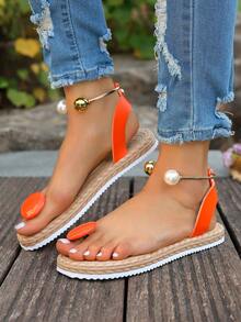 女士珍珠人字拖凉鞋，夏季罗马风透气平底鞋，沙滩休闲两用，罗马风珍珠装饰凉鞋，女士夏季透气平底拖鞋，适合日常穿着和海滩活动 - 桔色 - 查看 6
