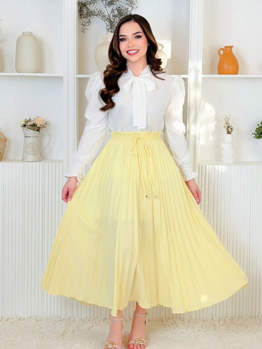 Pleated Skirt With Elastic Waistband. - Light Yellow - View 1