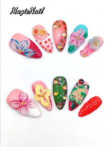10 Pieces Of Pure Handmade Pressed Nail, 25mm Long Almond-Shaped Nail, Pink Nail, White Nail, Green Nail, Red Nail, Three-Dimensional Raised Flower Pink Green Drawing, Ladybug Shape, Raised Dot Embellishment. Cute Nail Film. It Is Suitable For Daily Leisure Vacation, Banquets, Parties, Shows And Other Activities. - Multicolor - View 2
