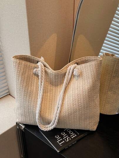 大容量草编手提包，女士新款夏季多功能单肩包，适合海滩、度假、通勤等场合。