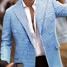 Men's Houndstooth Pattern Double Breasted Blazer, Fashion Tailored Fit Suit Coat With Notch Lapels For Business And Daily Wear - 寶藍色 - 查看 1