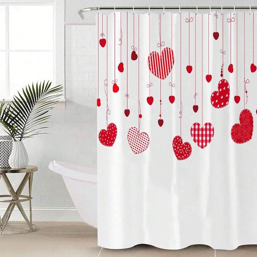 1pcp Valentine'S Day Heart-Shaped Pendant Shower Curtain Set, Perfect For Valentine'S Day Bathroom Decoration, Universal Room Decoration, Home Decoration Set, Bathroom Accessories Bathtub Curtain,