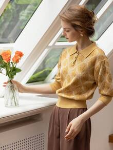 Simple Retro Minimalist Retro Iris Flower Pattern Knitted Sweater, Women's Cute Plaid Turtleneck Pullover Long Sleeve - Yellow - View 2