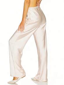 Women's Spring Summer Satin Pants High Waist Solid Color Loose Wide Leg Trousers - 白色 - 查看 7