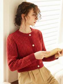 Knit Mix 优雅女士时尚针织开衫，休闲法式长袖圆领毛衣外套，适合圣诞节、感恩节和新年等场合 - 紅色 - 查看 5