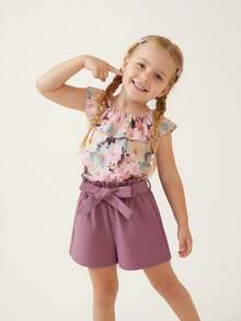 年轻女孩夏季无袖上衣，带有花卉印花、荷叶边和乡村风格的紫色短裤 - 紫色 - 查看 9