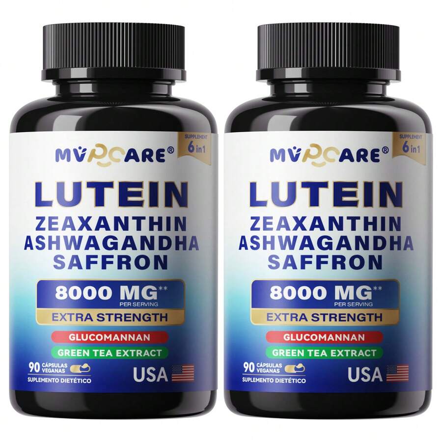 MVPCARE Suplemento vitamínico enriquecido con luteína para la salud ocular - 90 cápsulas Este suplemento nutricional contiene luteína, azafrán, extracto de té verde y zeaxantina, que pueden ayudar a promover la salud macular y aliviar los síntomas del ojo seco. - 2 botellas - Ver 1
